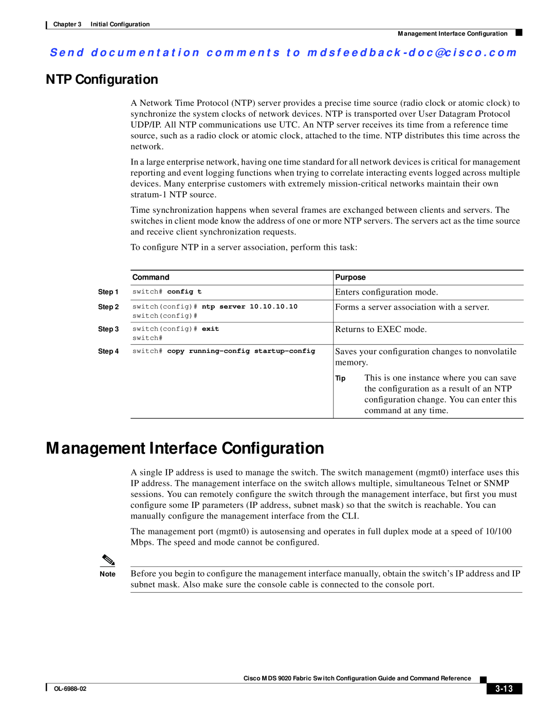 Cisco Systems MDS 9020 manual Management Interface Configuration, NTP Configuration, 3-13, Command, Purpose 