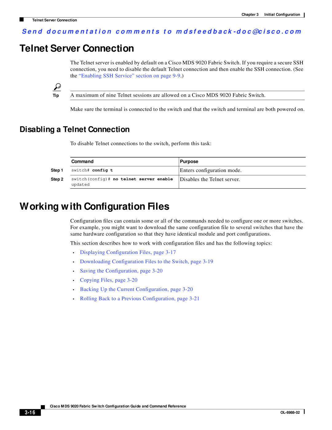 Cisco Systems MDS 9020 Telnet Server Connection, Working with Configuration Files, Disabling a Telnet Connection, 3-16 