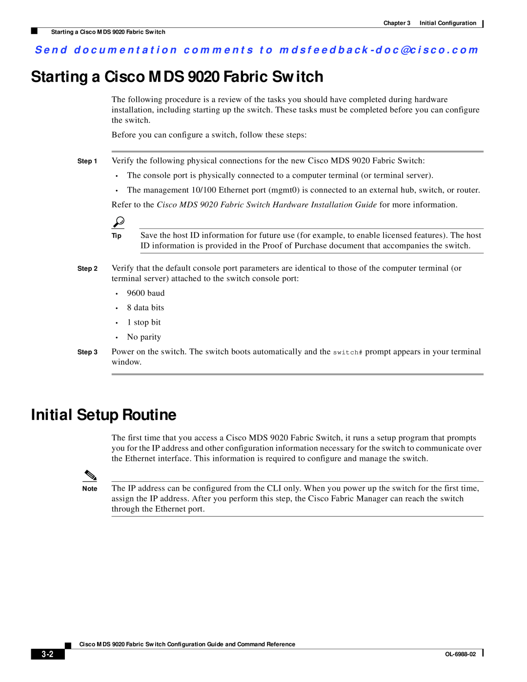 Cisco Systems manual Starting a Cisco MDS 9020 Fabric Switch, Initial Setup Routine 