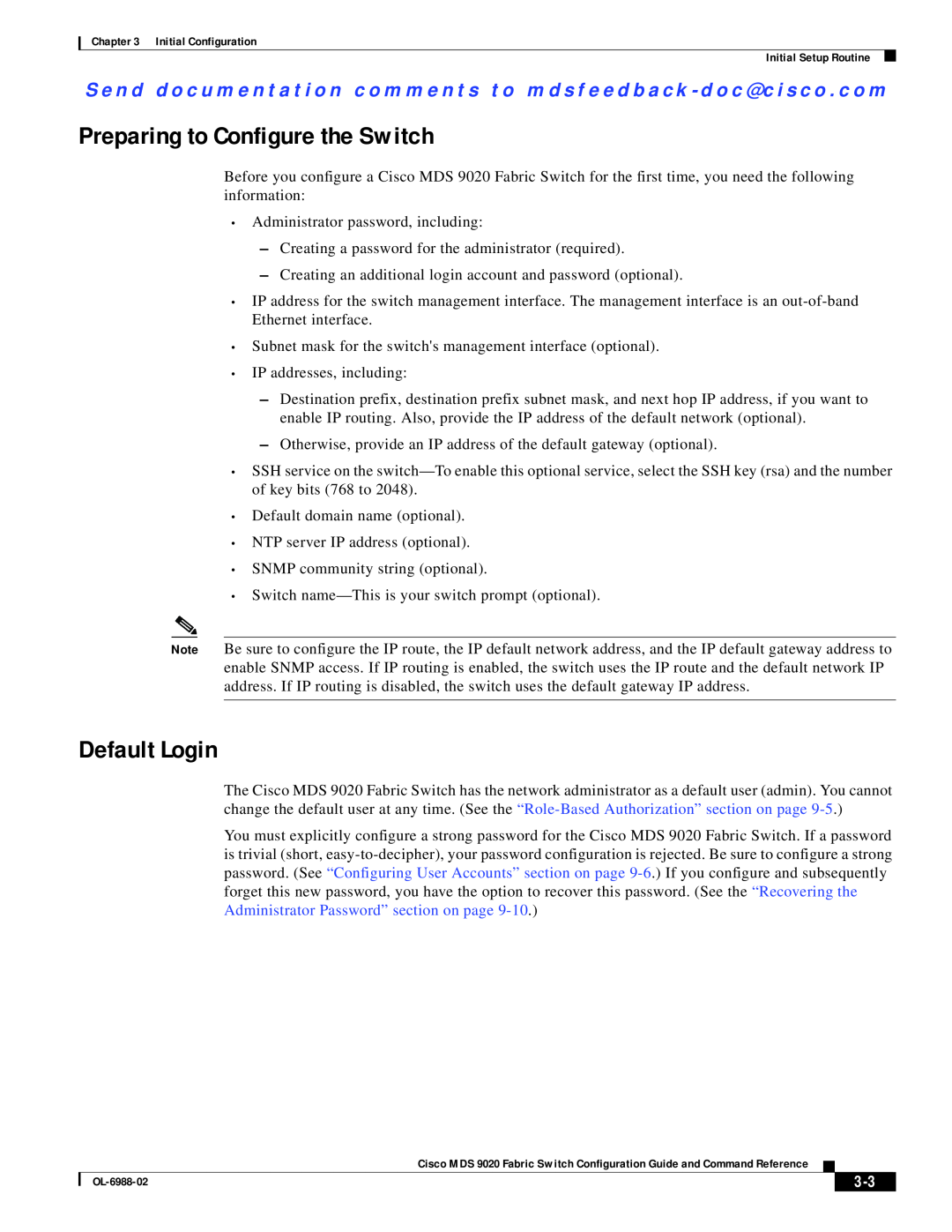 Cisco Systems MDS 9020 manual Preparing to Configure the Switch, Default Login 