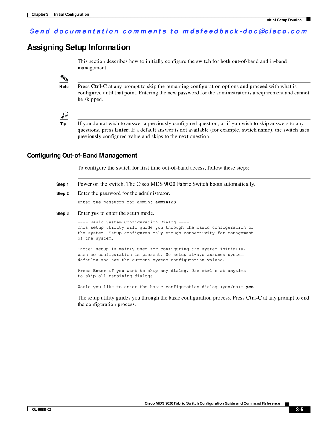 Cisco Systems MDS 9020 manual Assigning Setup Information, Configuring Out-of-Band Management 