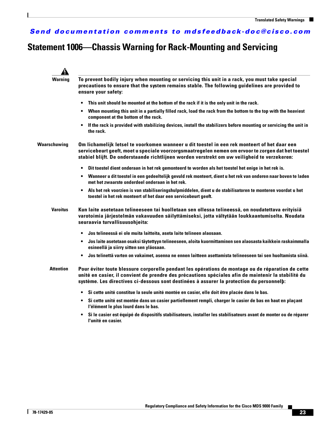 Cisco Systems MDS 9200, MDS 9100, MDS 9500 important safety instructions Translated Safety Warnings 