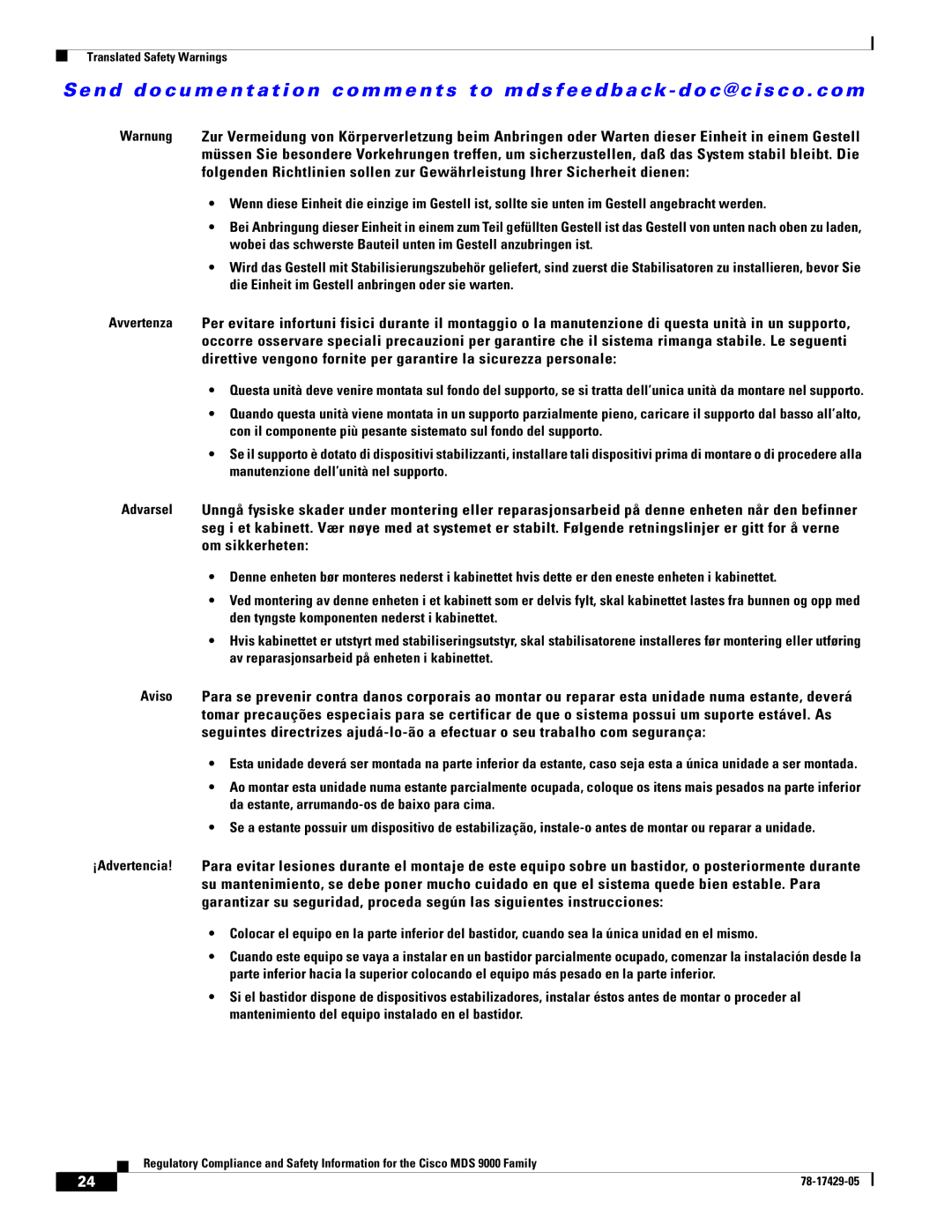 Cisco Systems MDS 9100, MDS 9500, MDS 9200 important safety instructions Translated Safety Warnings 