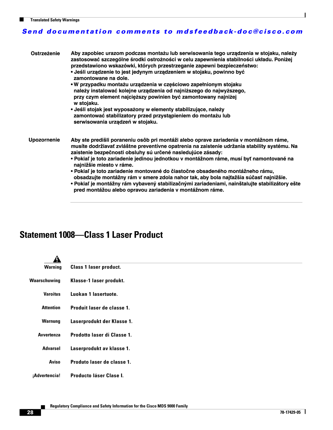 Cisco Systems MDS 9500, MDS 9100, MDS 9200 important safety instructions Statement 1008-Class 1 Laser Product 