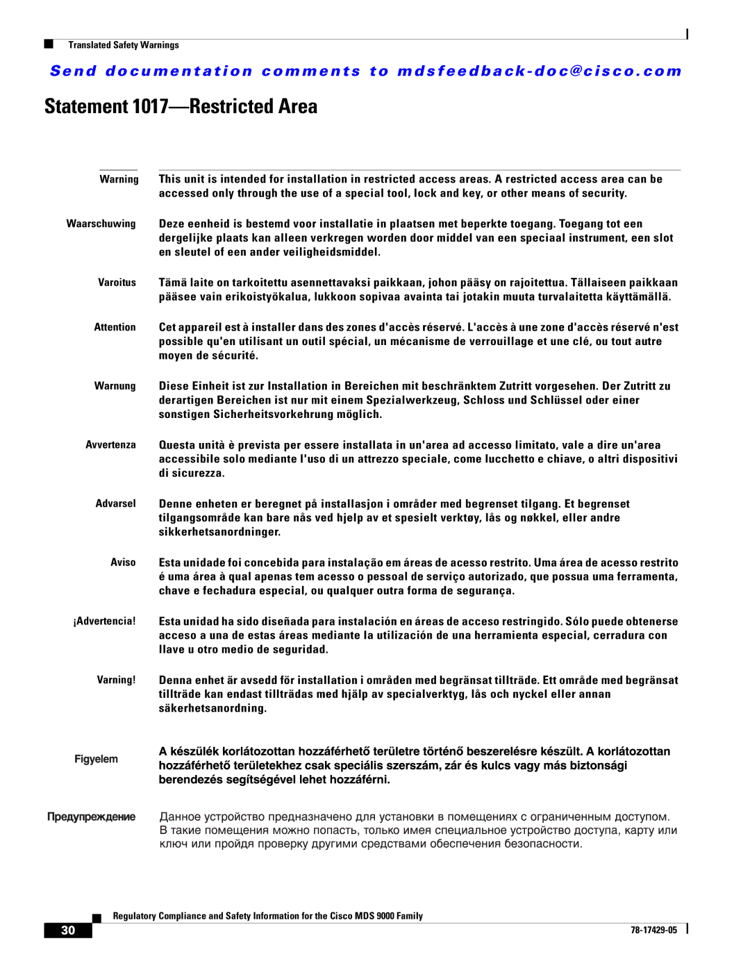 Cisco Systems MDS 9100, MDS 9500, MDS 9200 important safety instructions Statement 1017-Restricted Area 