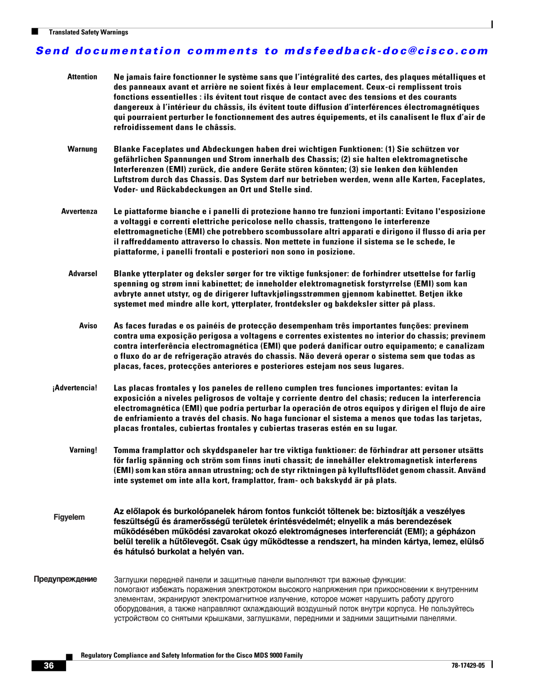 Cisco Systems MDS 9100, MDS 9500, MDS 9200 important safety instructions Translated Safety Warnings 