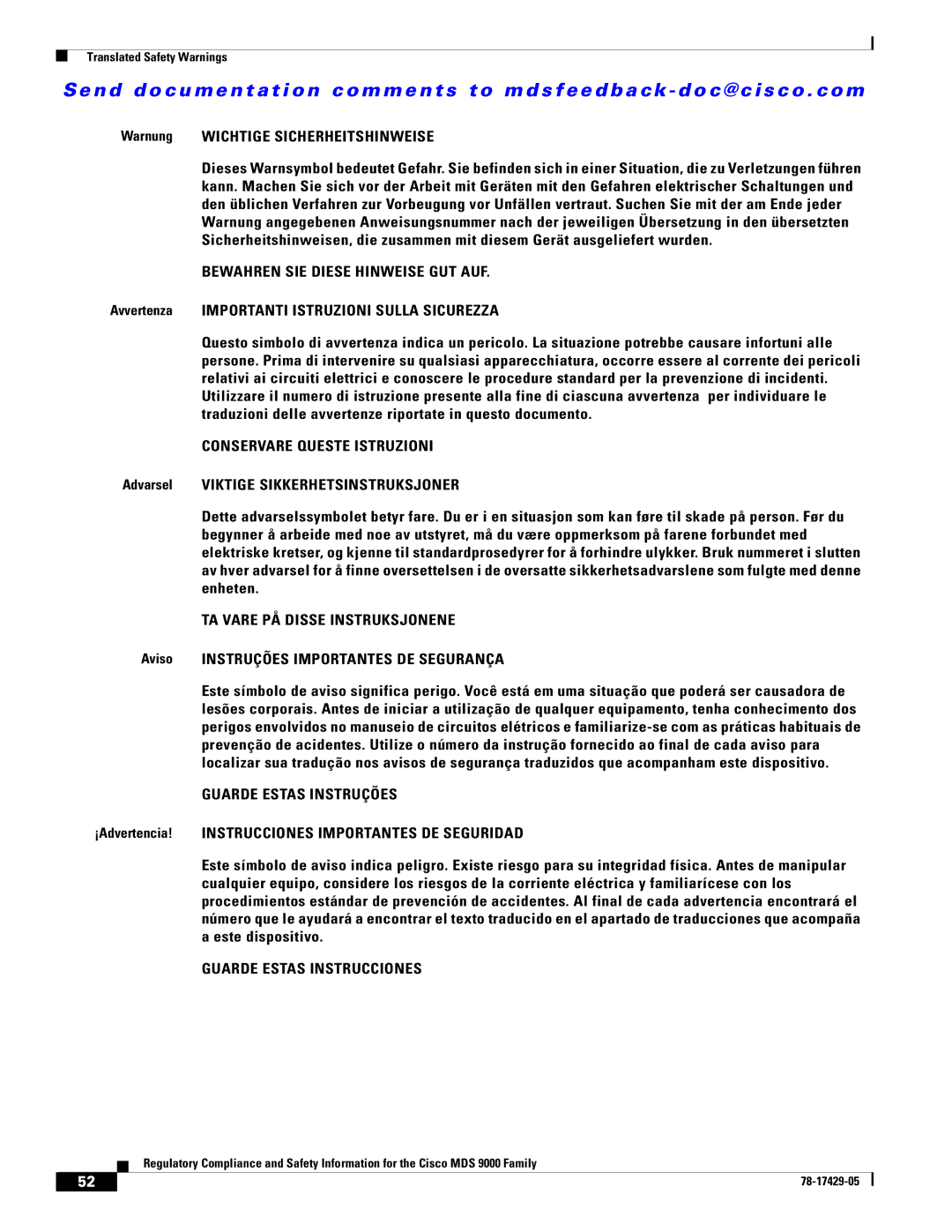 Cisco Systems MDS 9500, MDS 9100, MDS 9200 important safety instructions Bewahren SIE Diese Hinweise GUT AUF 