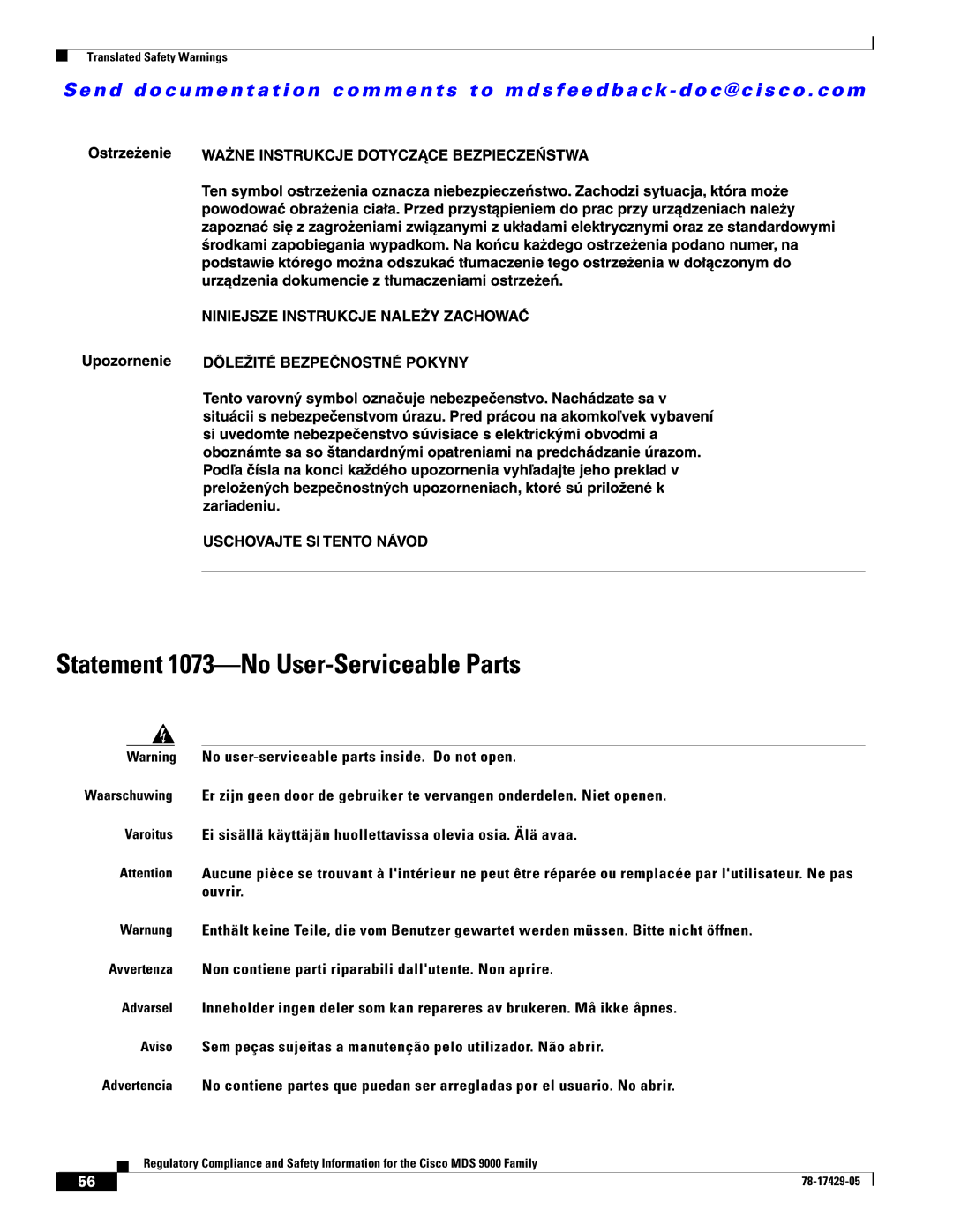 Cisco Systems MDS 9200, MDS 9100, MDS 9500 important safety instructions Statement 1073-No User-Serviceable Parts 