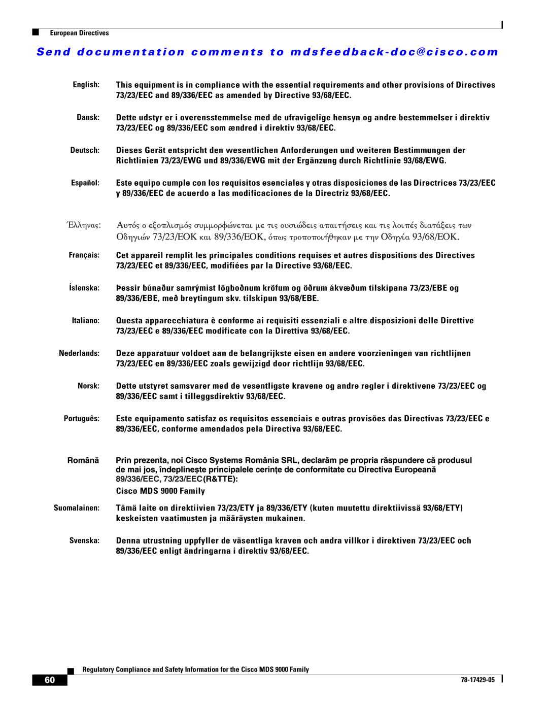 Cisco Systems MDS 9100, MDS 9500, MDS 9200 important safety instructions European Directives 