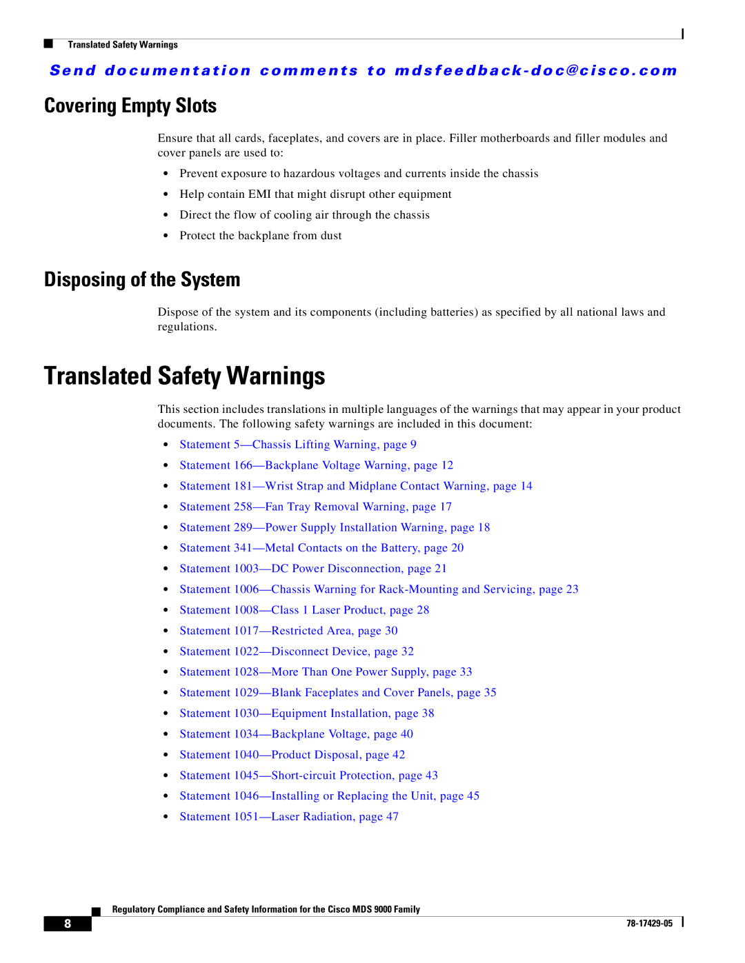 Cisco Systems MDS 9200, MDS 9100, MDS 9500 important safety instructions Covering Empty Slots, Disposing of the System 