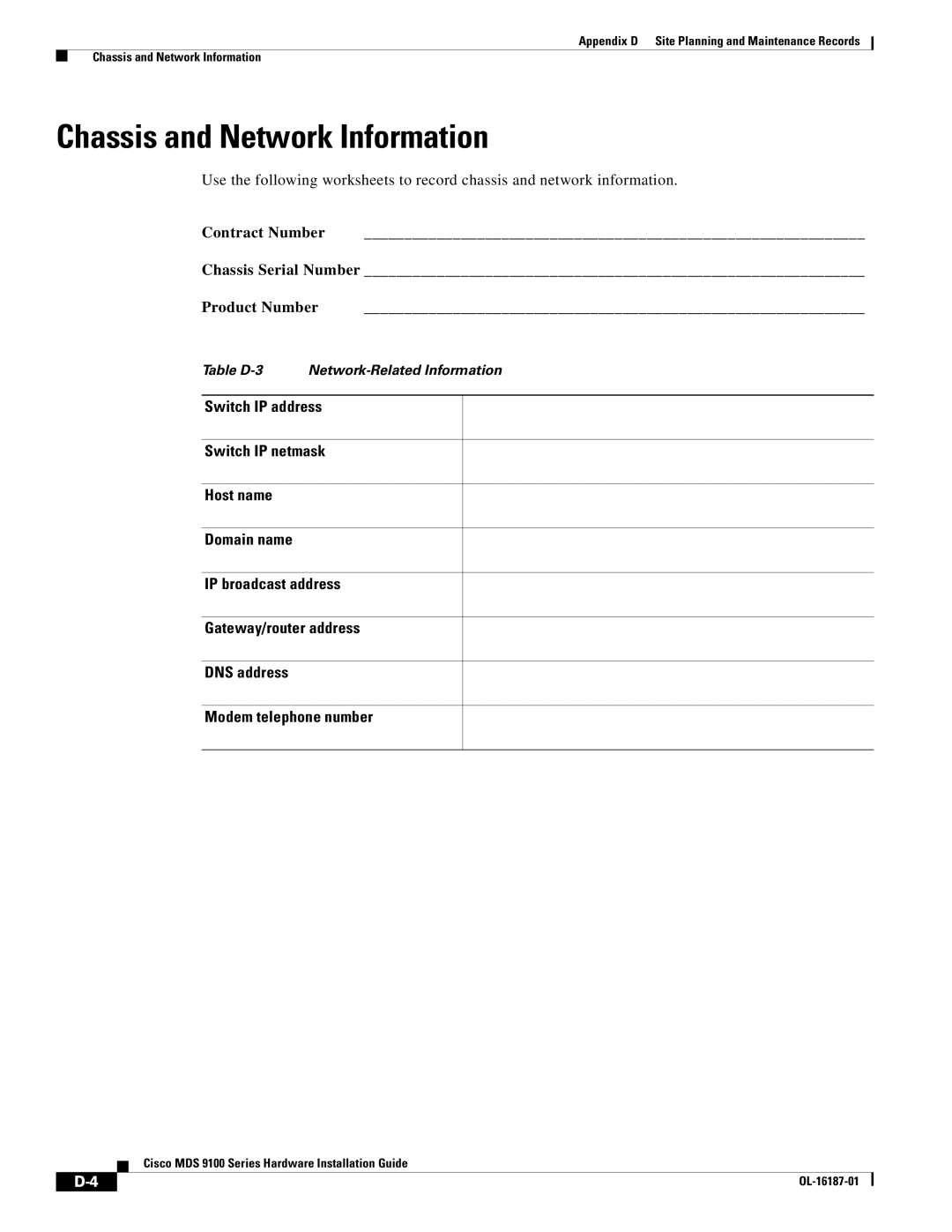 Cisco Systems MDS 9100 Series manual Chassis and Network Information 