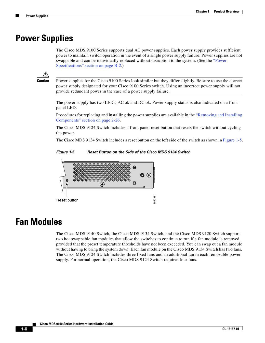 Cisco Systems MDS 9100 Series manual Power Supplies, Fan Modules 