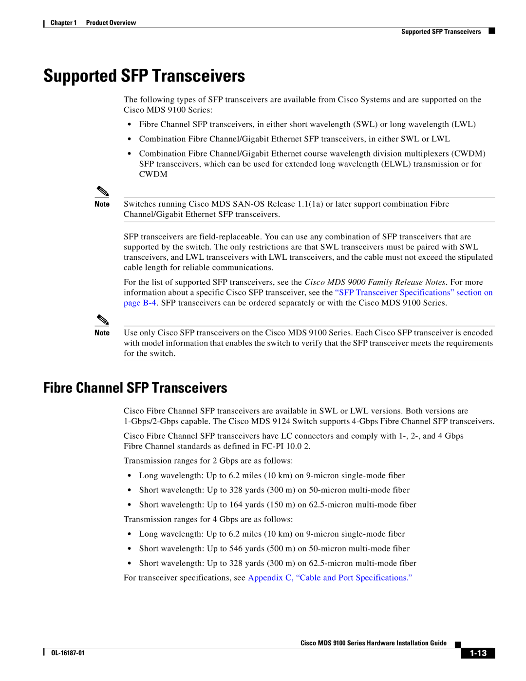 Cisco Systems MDS 9100 Series manual Supported SFP Transceivers, Fibre Channel SFP Transceivers 