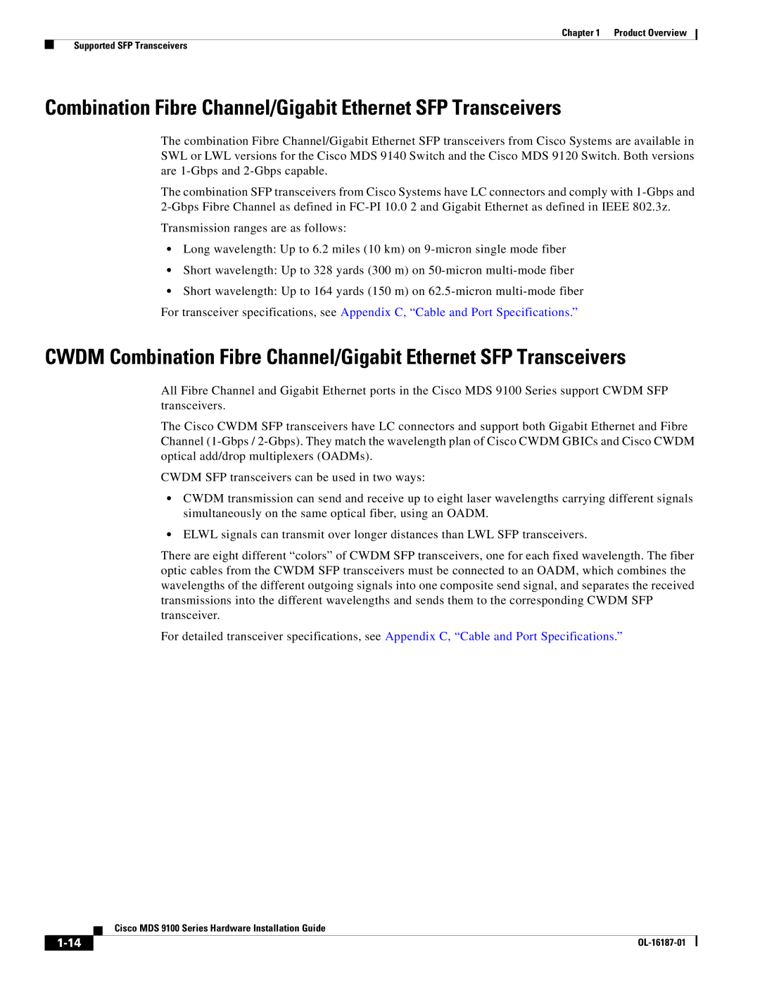 Cisco Systems MDS 9100 Series manual Combination Fibre Channel/Gigabit Ethernet SFP Transceivers 