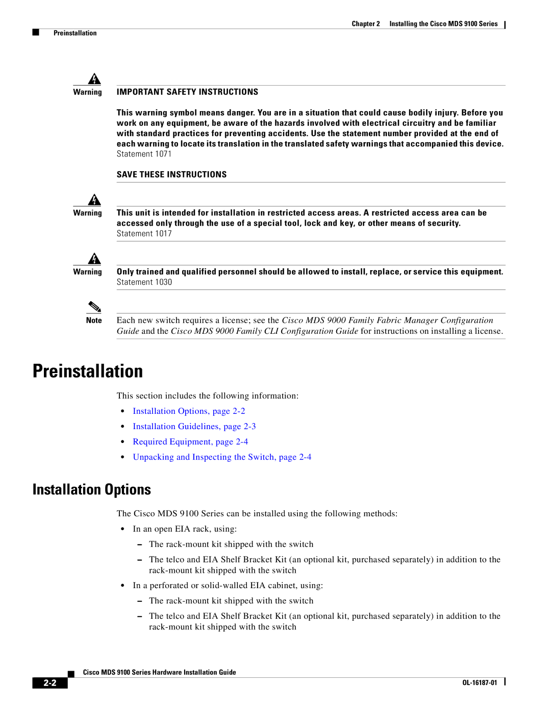 Cisco Systems MDS 9100 Series manual Preinstallation, Installation Options, This section includes the following information 