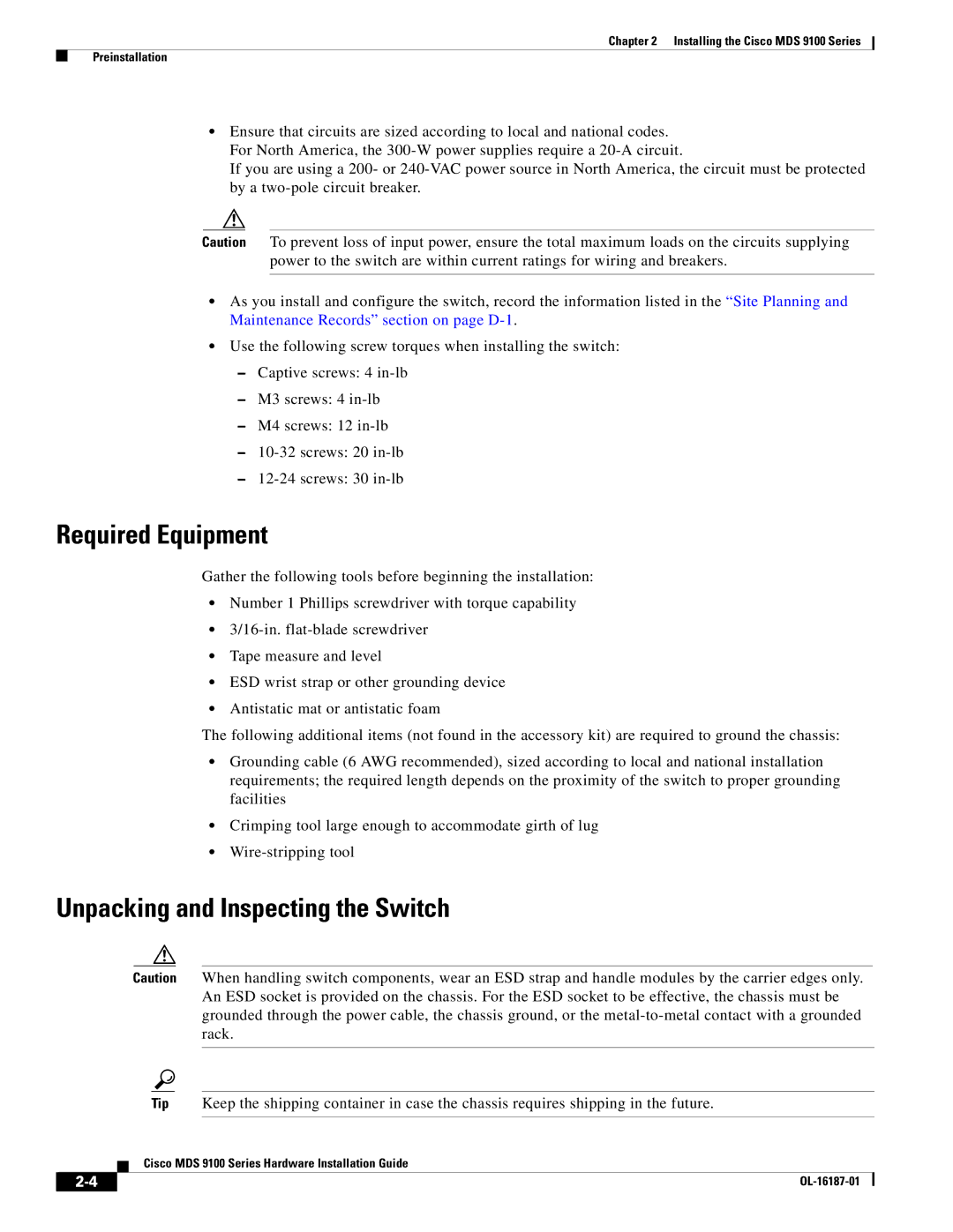 Cisco Systems MDS 9100 Series manual Required Equipment, Unpacking and Inspecting the Switch 