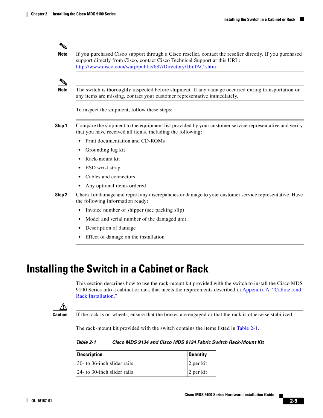 Cisco Systems MDS 9100 Series Installing the Switch in a Cabinet or Rack, To 36-inch slider rails To 30-inch slider rails 