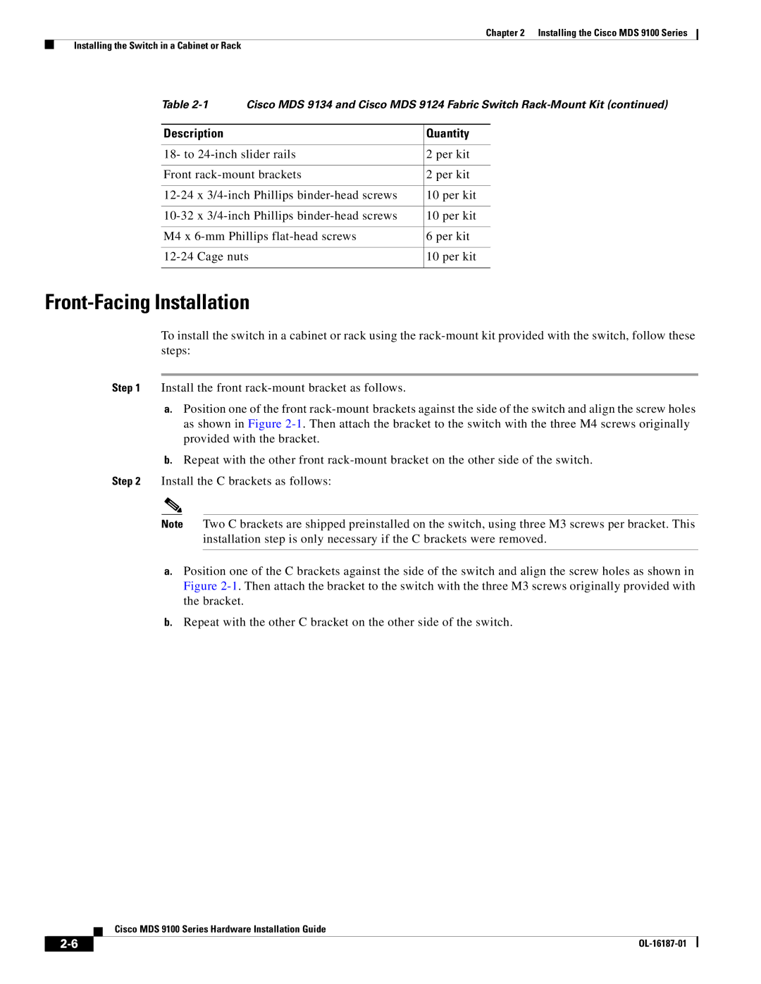 Cisco Systems MDS 9100 Series manual Front-Facing Installation, Description Quantity 