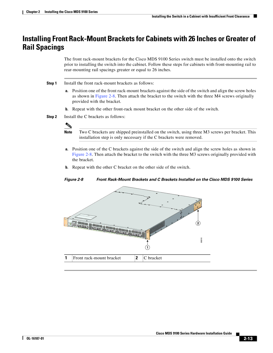 Cisco Systems MDS 9100 Series manual Front rack-mount bracket Bracket 