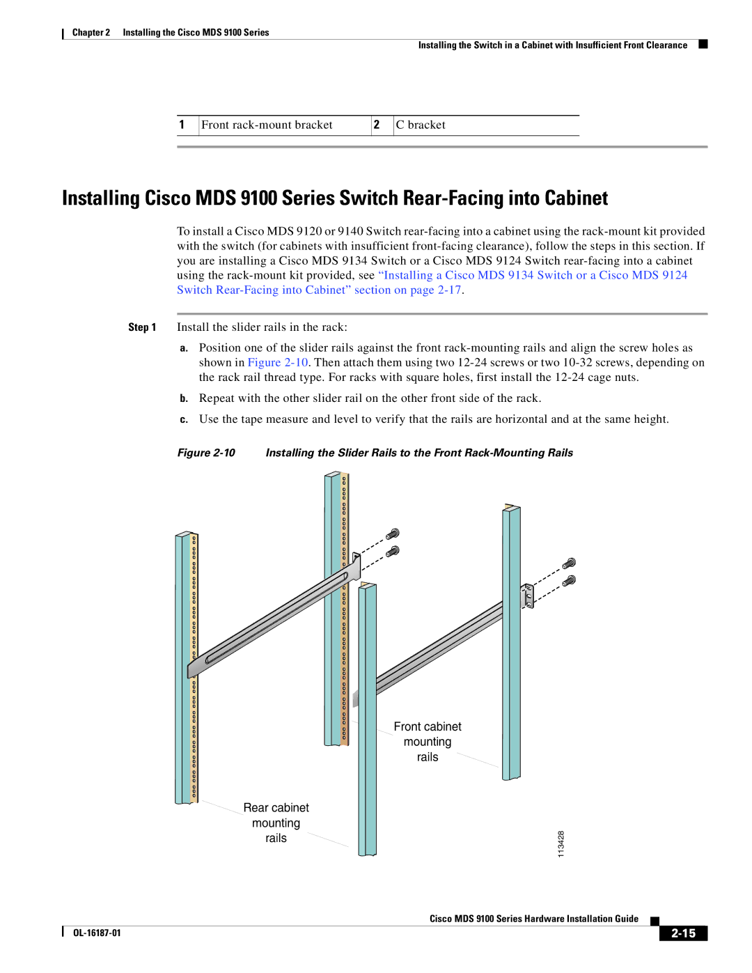 Cisco Systems MDS 9100 Series manual Front cabinet Mounting rails Rear cabinet mounting Rails 