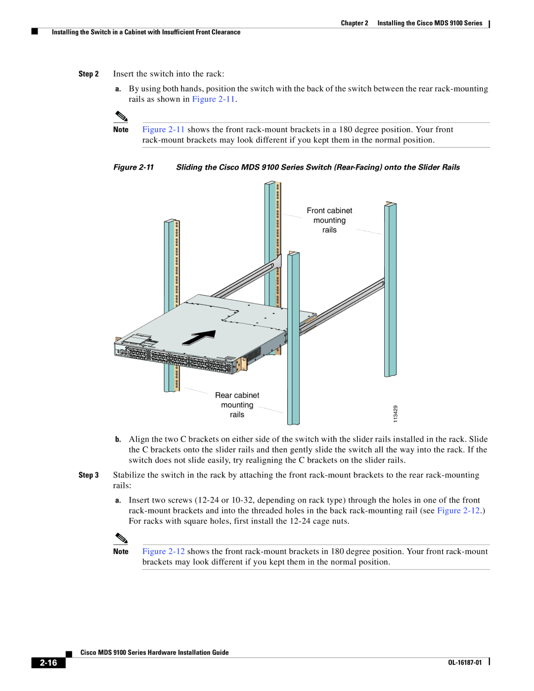 Cisco Systems MDS 9100 Series manual Front cabinet Mounting Rails Rear cabinet 