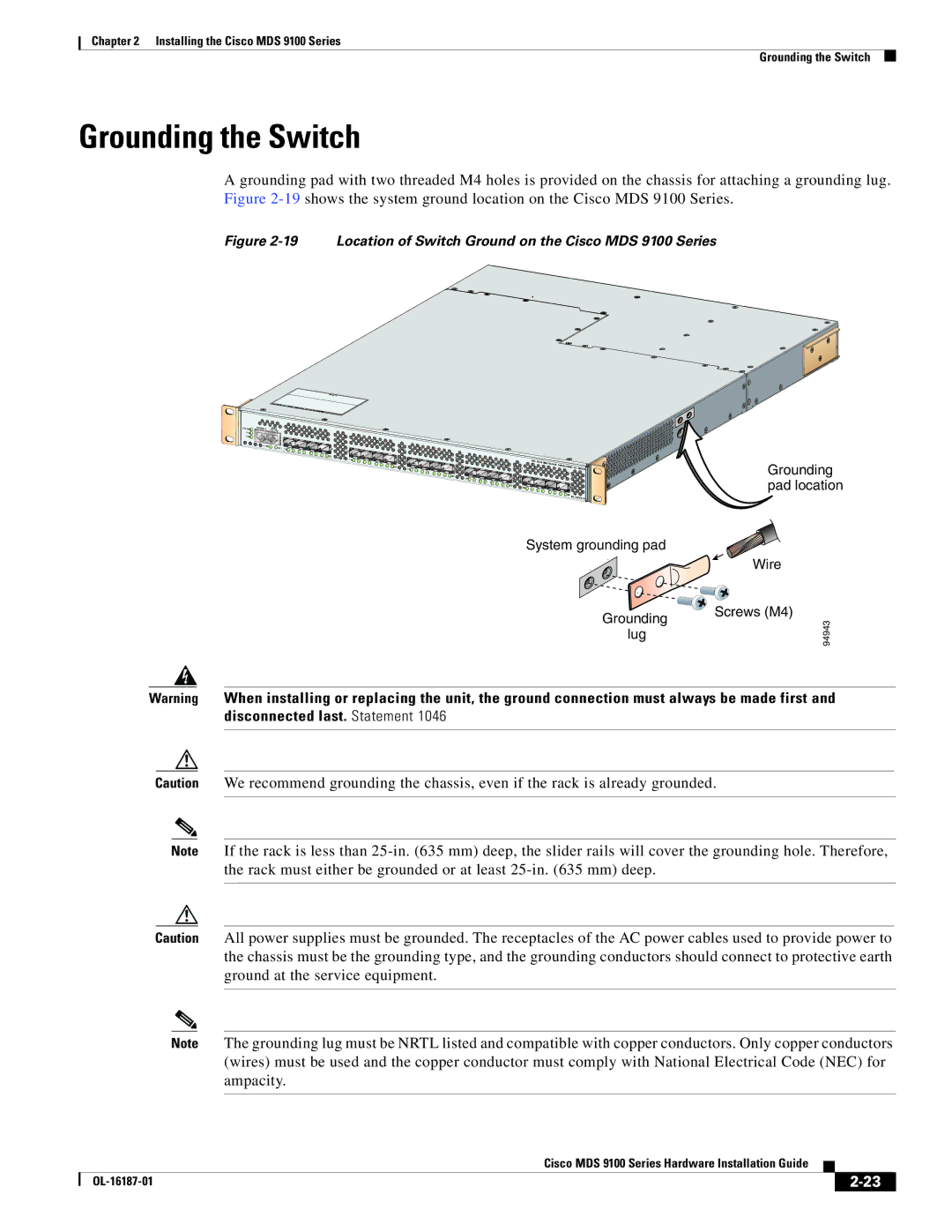 Cisco Systems MDS 9100 Series manual Grounding the Switch, Lug 