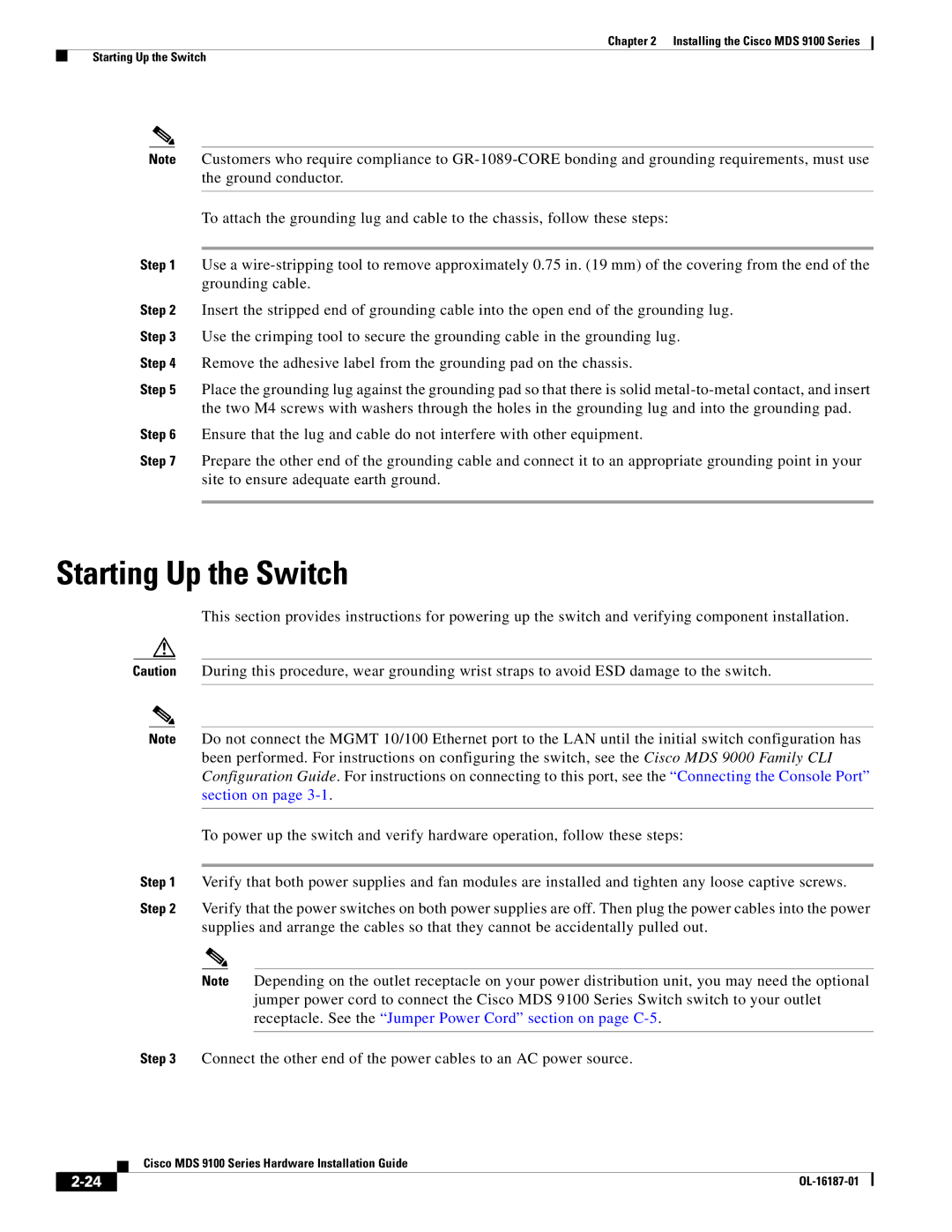 Cisco Systems MDS 9100 Series manual Starting Up the Switch 