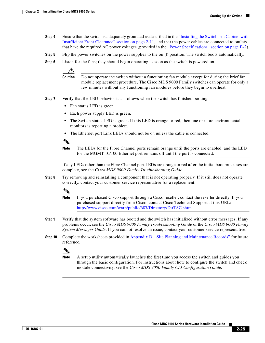 Cisco Systems manual Installing the Cisco MDS 9100 Series Starting Up the Switch 