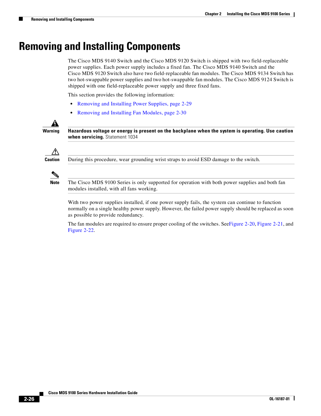 Cisco Systems MDS 9100 Series manual Removing and Installing Components 