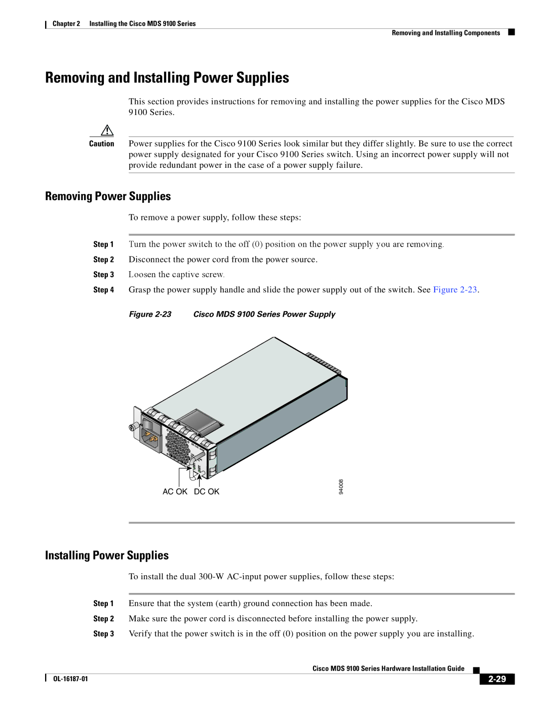 Cisco Systems MDS 9100 Series manual Removing and Installing Power Supplies, Removing Power Supplies 