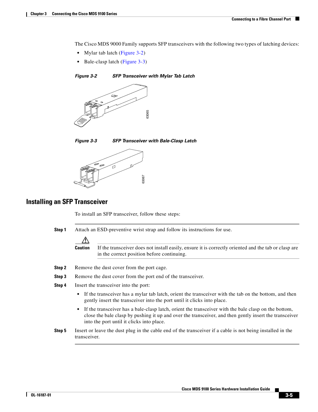 Cisco Systems MDS 9100 Series manual Installing an SFP Transceiver, SFP Transceiver with Mylar Tab Latch 