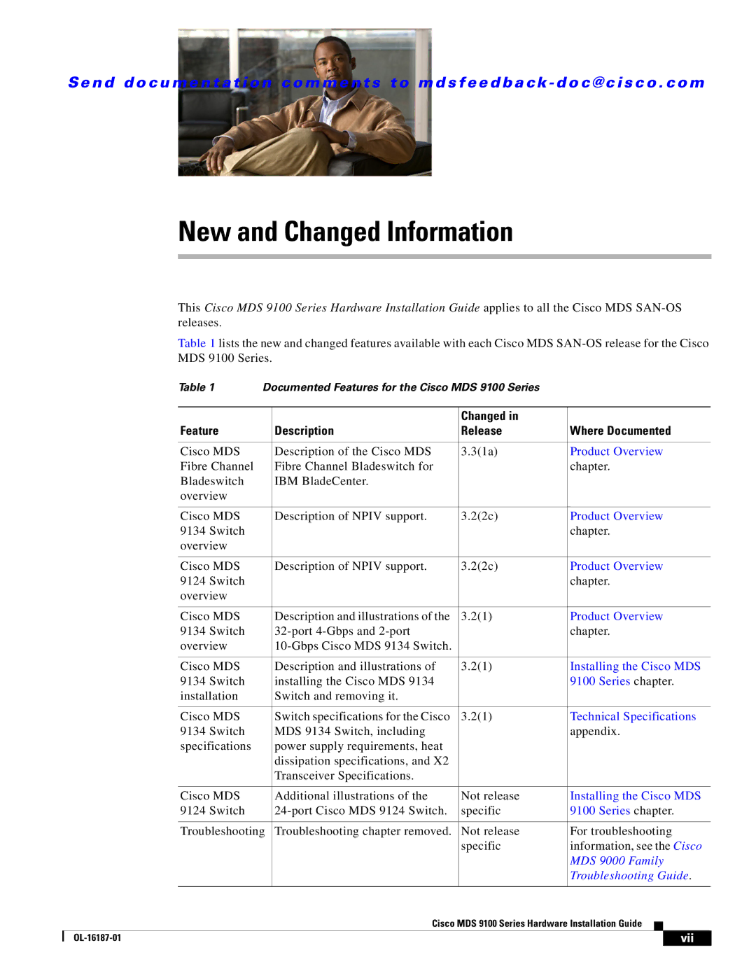 Cisco Systems MDS 9100 Series manual Changed Feature Description Release Where Documented, Switch Installing the Cisco MDS 