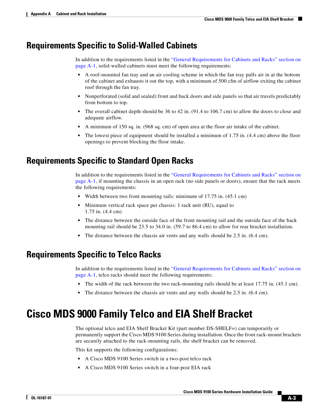 Cisco Systems MDS 9100 Series Cisco MDS 9000 Family Telco and EIA Shelf Bracket, Requirements Specific to Telco Racks 