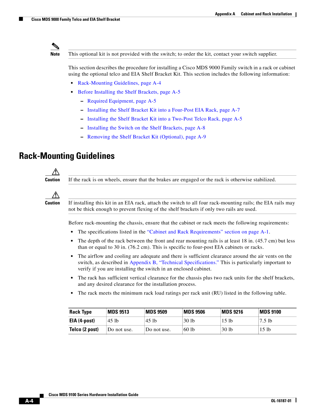 Cisco Systems MDS 9100 Series manual Rack-Mounting Guidelines, Rack Type MDS EIA 4-post, 45 lb 30 lb 15 lb, Telco 2 post 