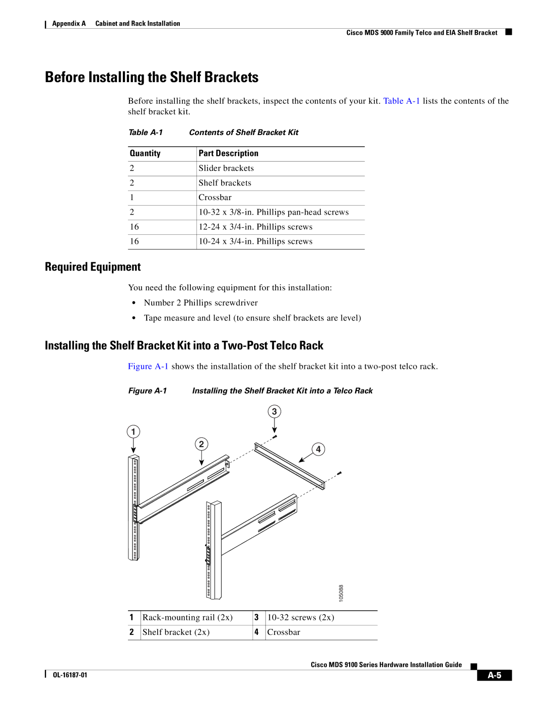 Cisco Systems MDS 9100 Series manual Before Installing the Shelf Brackets, Required Equipment, Quantity Part Description 