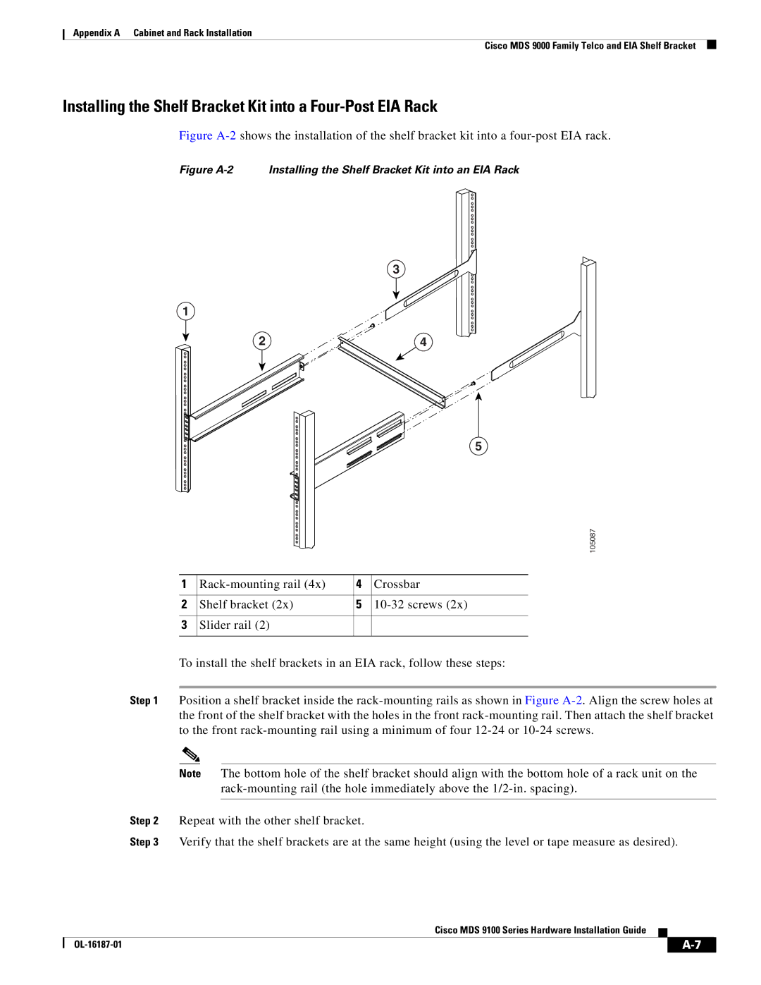 Cisco Systems MDS 9100 Series manual Installing the Shelf Bracket Kit into a Four-Post EIA Rack 