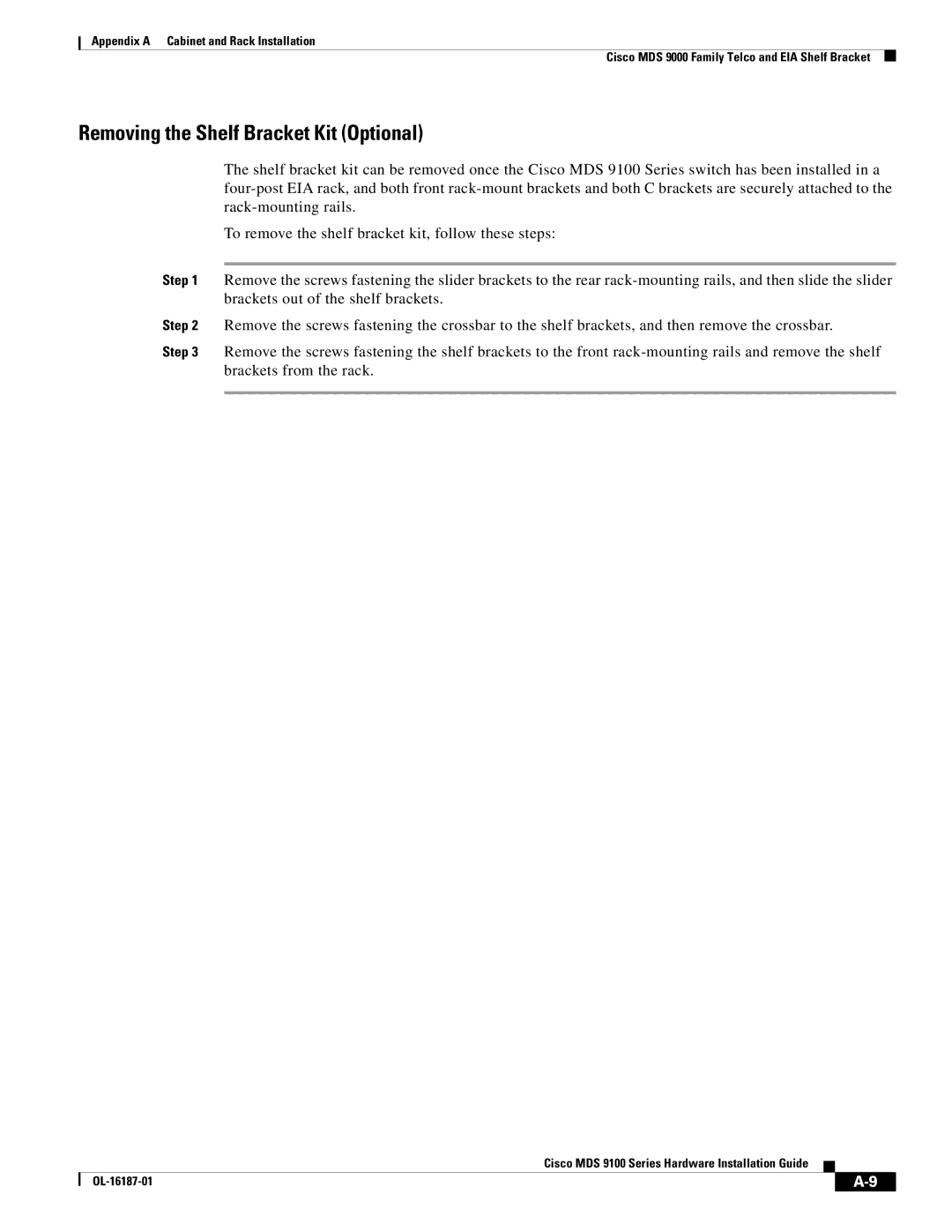 Cisco Systems MDS 9100 Series manual Removing the Shelf Bracket Kit Optional 