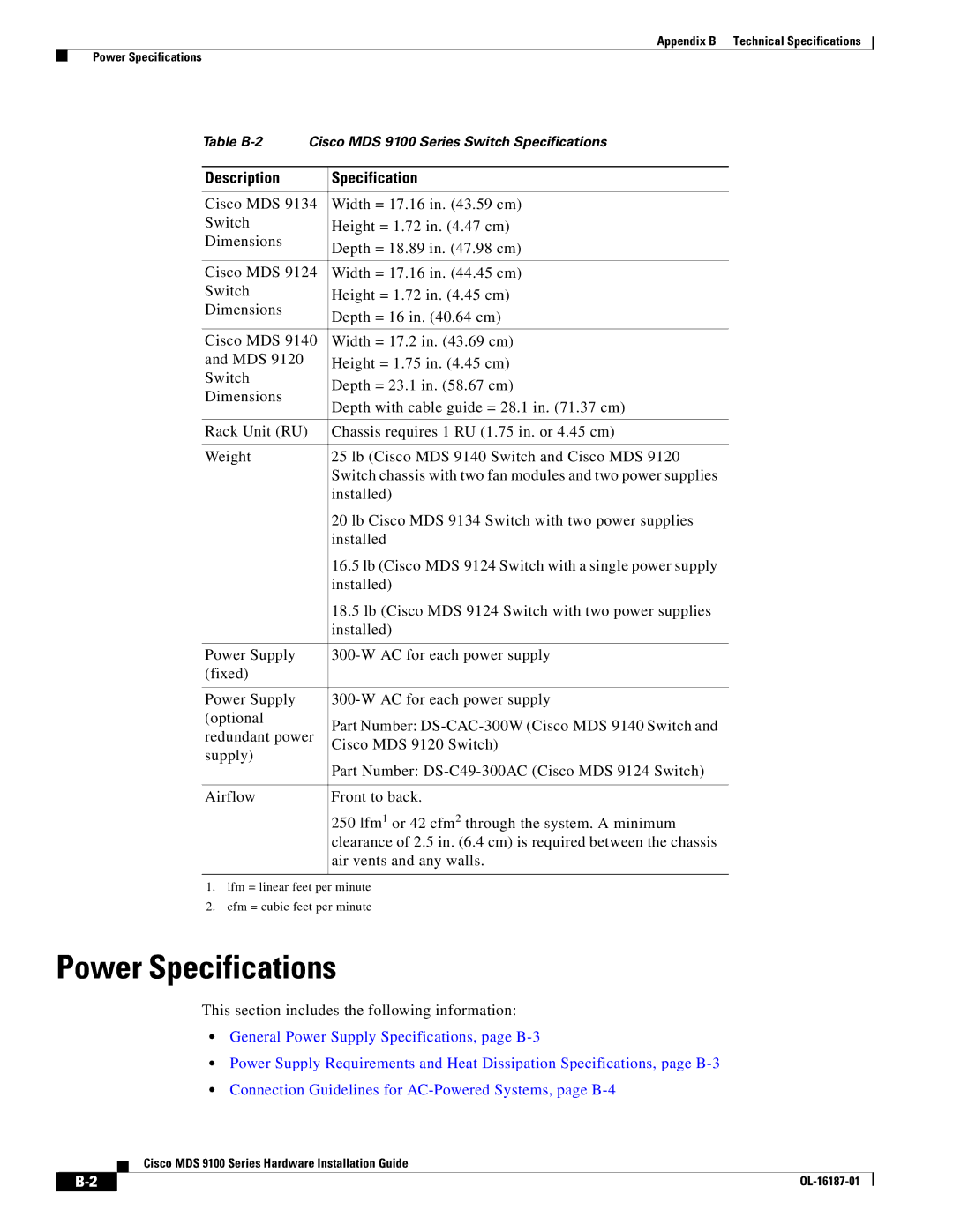 Cisco Systems MDS 9100 Series manual Power Specifications, This section includes the following information 