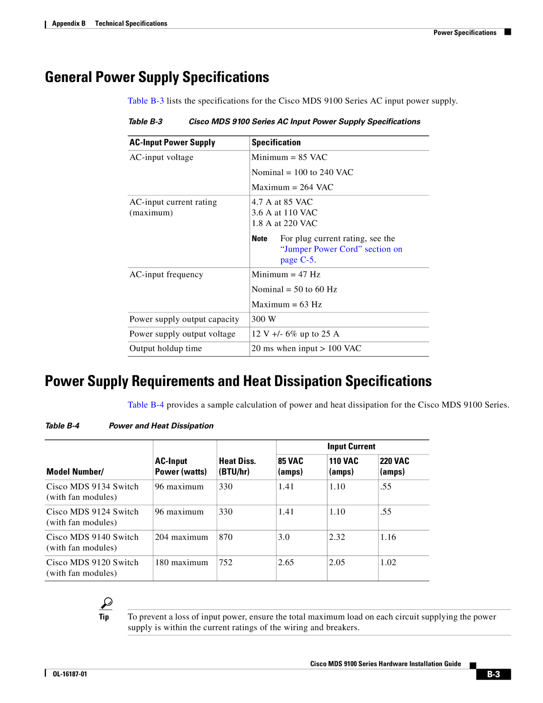 Cisco Systems MDS 9100 Series manual General Power Supply Specifications, AC-Input Power Supply Specification 