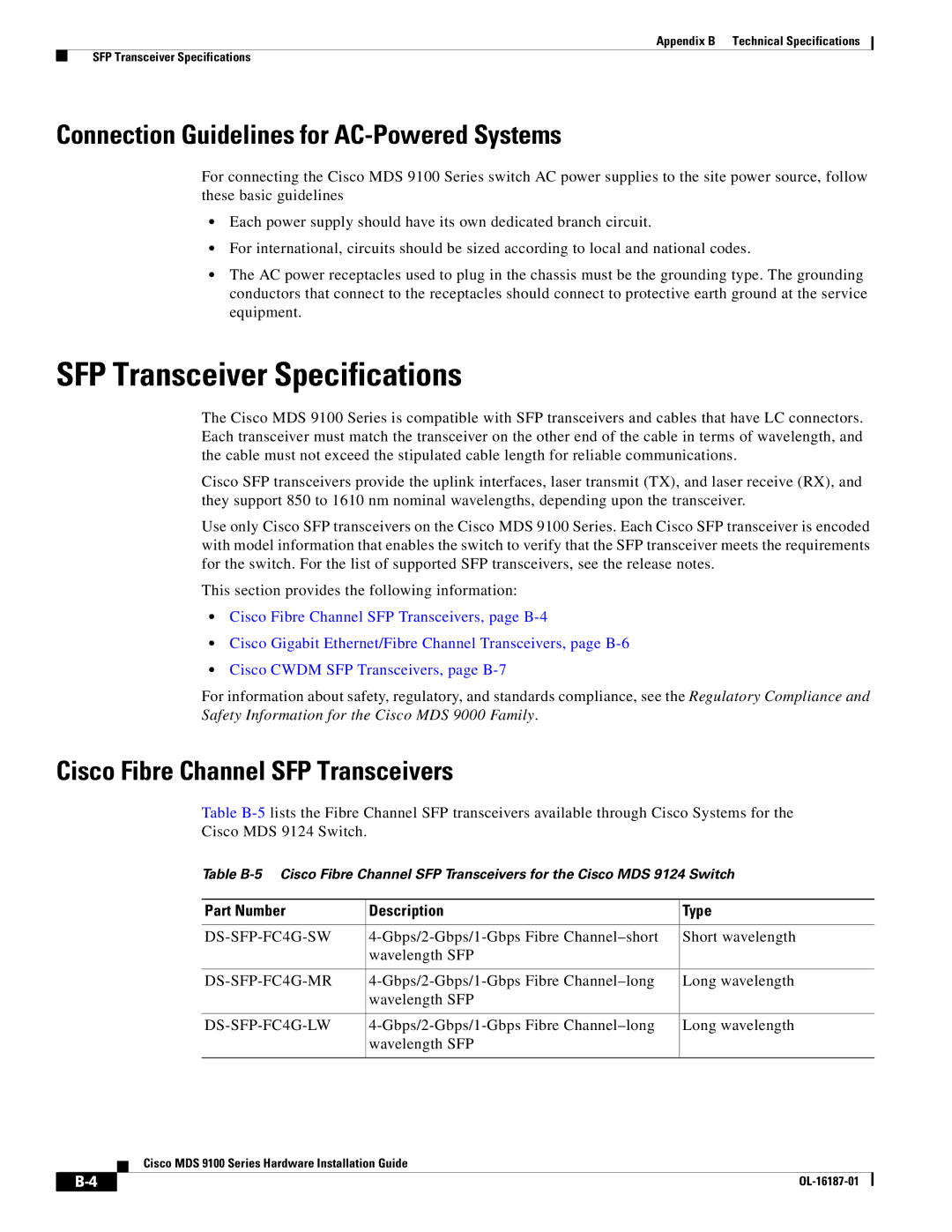 Cisco Systems MDS 9100 Series manual SFP Transceiver Specifications, Connection Guidelines for AC-Powered Systems 