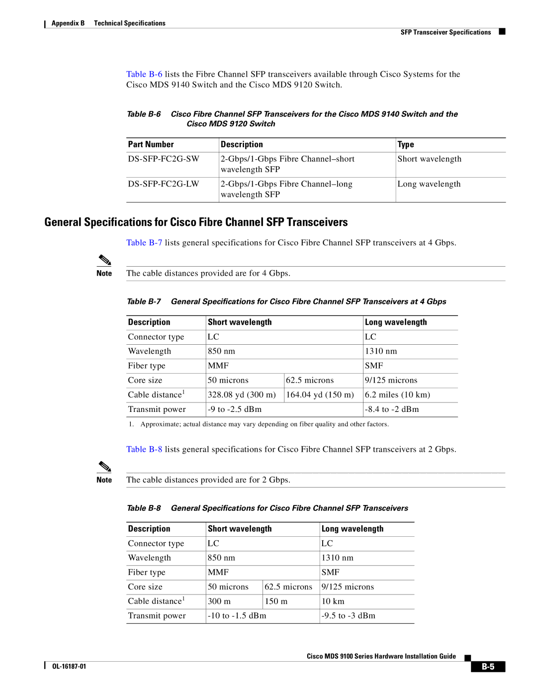 Cisco Systems MDS 9100 Series manual Description Short wavelength Long wavelength 