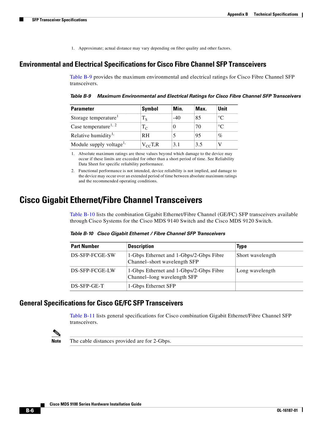 Cisco Systems MDS 9100 Series manual Cisco Gigabit Ethernet/Fibre Channel Transceivers, Parameter Symbol Min Max Unit 