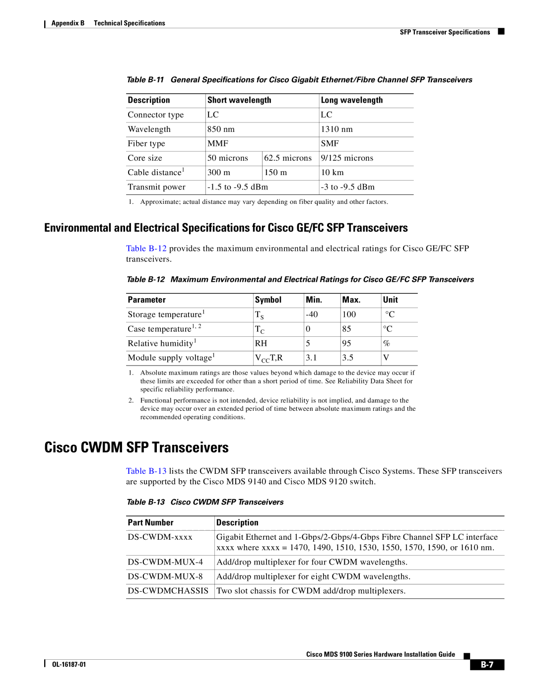 Cisco Systems MDS 9100 Series manual Cisco Cwdm SFP Transceivers, Part Number Description 