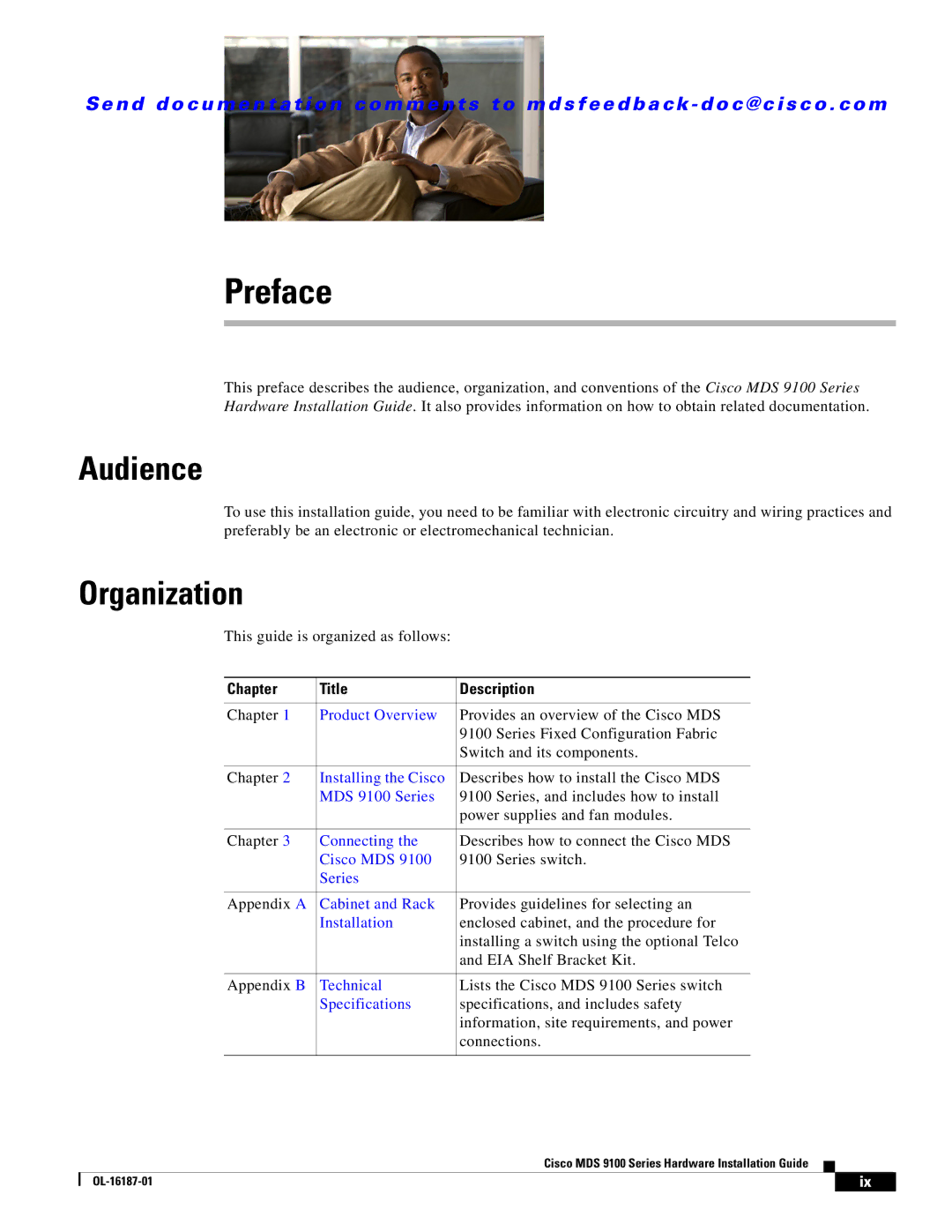 Cisco Systems MDS 9100 Series manual Audience, Organization, Chapter Title Description 