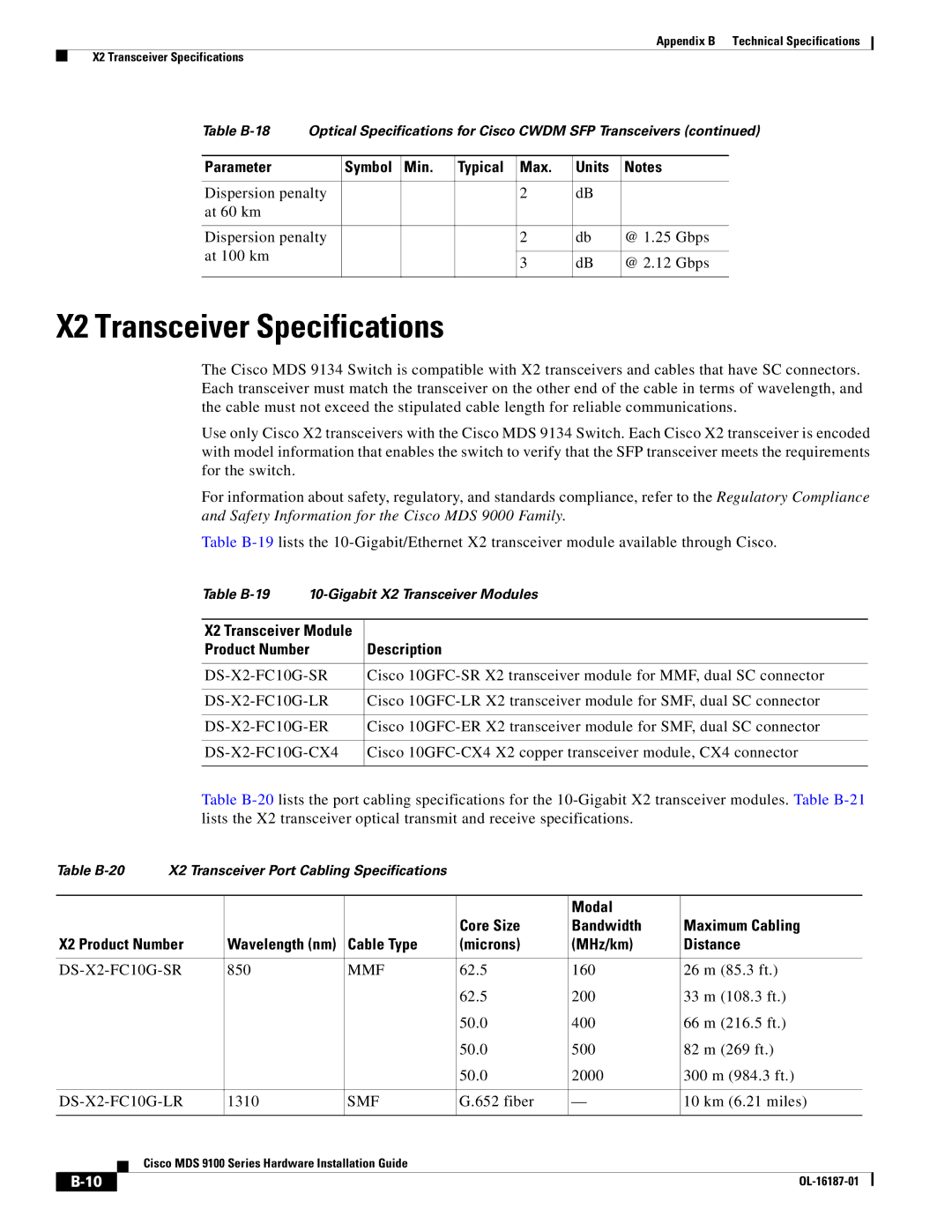 Cisco Systems MDS 9100 Series manual X2 Transceiver Specifications, Product Number Description 