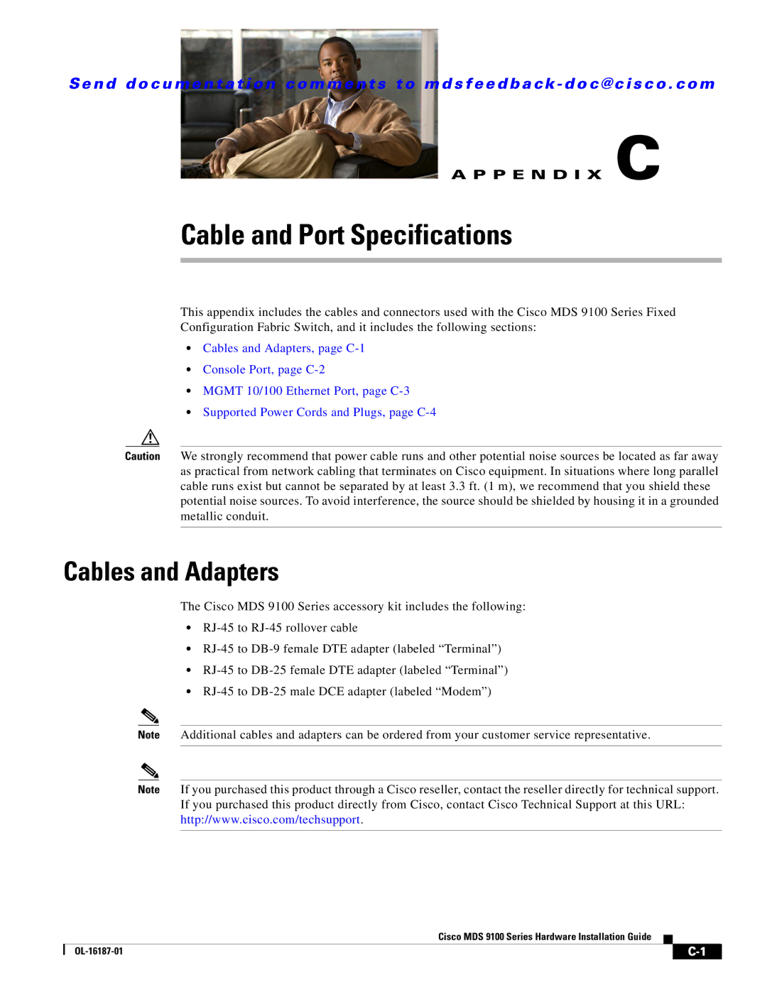 Cisco Systems MDS 9100 Series manual Cable and Port Specifications, Cables and Adapters 