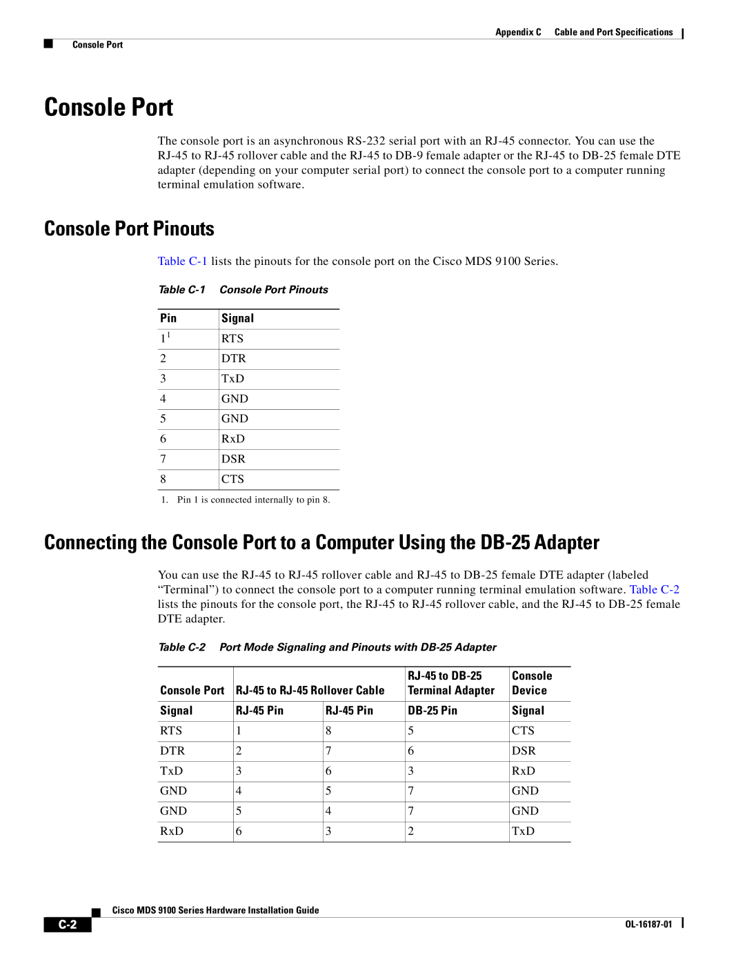 Cisco Systems MDS 9100 Series manual Console Port Pinouts, Pin Signal 