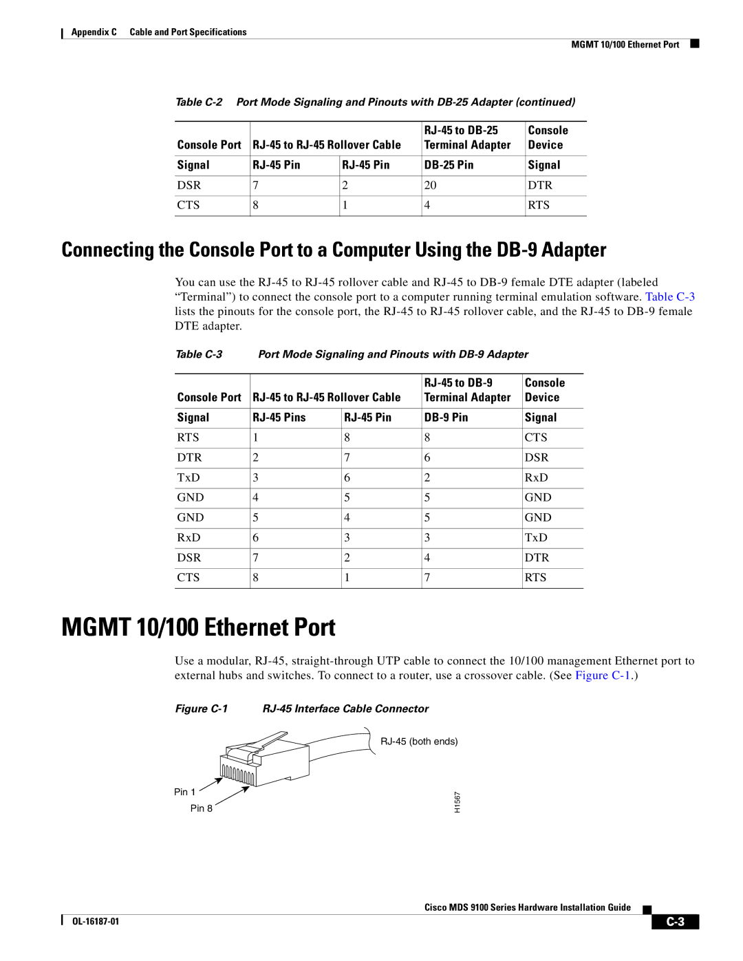 Cisco Systems MDS 9100 Series manual Mgmt 10/100 Ethernet Port, RJ-45 to DB-25 Console, RJ-45 to DB-9 Console 