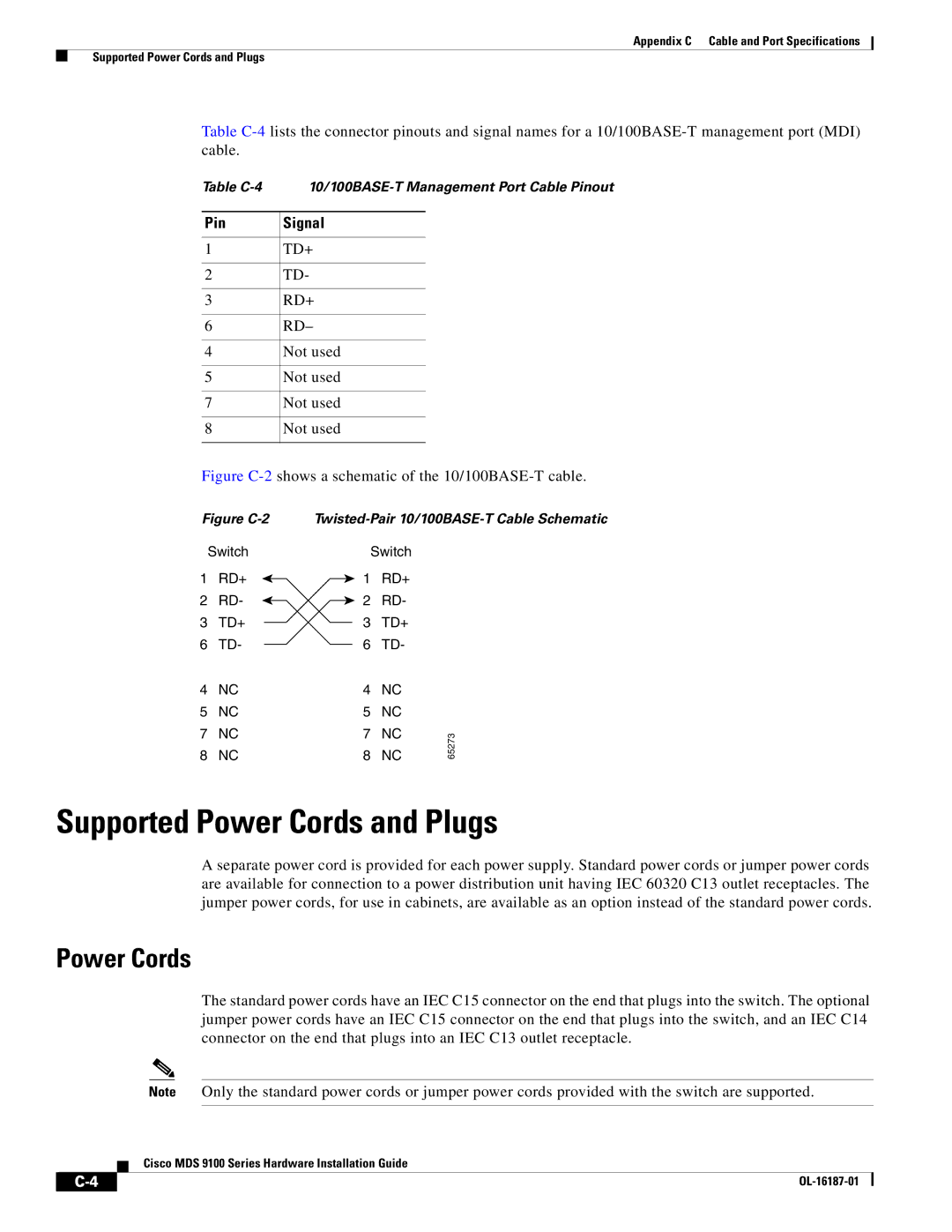 Cisco Systems MDS 9100 Series manual Supported Power Cords and Plugs, Not used 