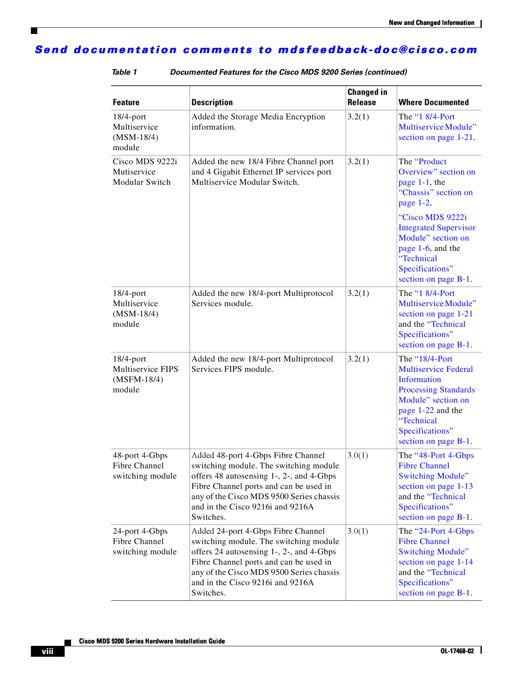 Cisco Systems MDS 9200 Series The “Product, Overview” section on, page 1-1, the, “Chassis” section on, “Cisco MDS, viii 